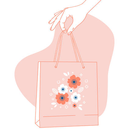 Woman hand holding pink paper bag. Shopping background. Vector illustrationのイラスト素材