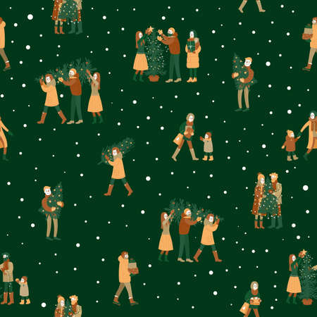 People carrying christmas tree. Gift wrapping. Happy people. Preparing for holidays. Seamless pattern. Vector illustrationのイラスト素材