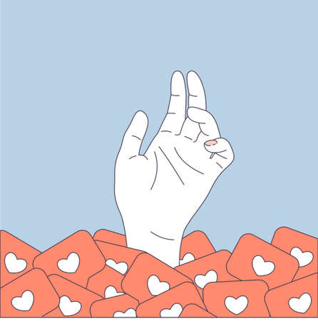 Social media pile. User hand in a pile of likes. Vector illustrationのイラスト素材