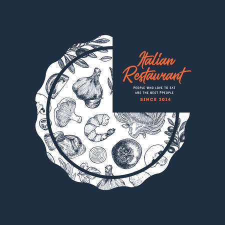 Pizza round design template. Pizza ingredients composition. Vector illustrationのイラスト素材