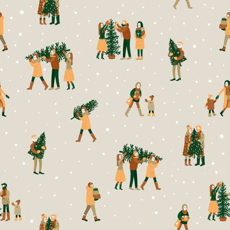 People carrying christmas tree. Gift wrapping. Happy people. Preparing for winter holidays. Seamless pattern. Vector illustrationのイラスト素材