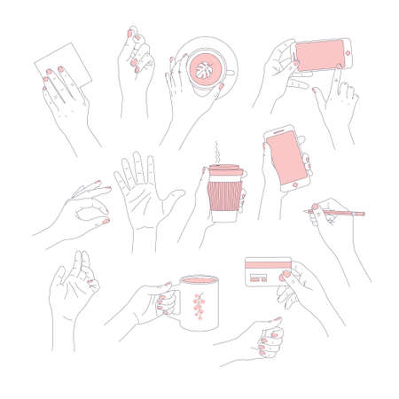 Women hands collection. Hands holding smartphone, card, tube, coffee cup, tea cup, credit card and pencil. Feminine illustration. Vector illustrationのイラスト素材