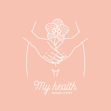 Woman health logotype. Intimate hygiene. Hands holding a flower. Vector illustrationのイラスト素材