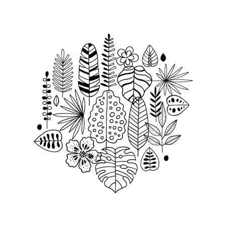 Tropical leaves composition. Linear graphic. Tropical background. Scandinavian style. Vector illustrationのイラスト素材