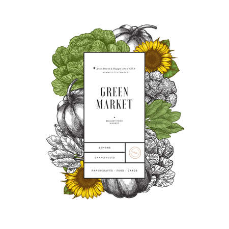 Farm fresh products vertical design template. Vintage style organic vegetables. Vector illustrationのイラスト素材