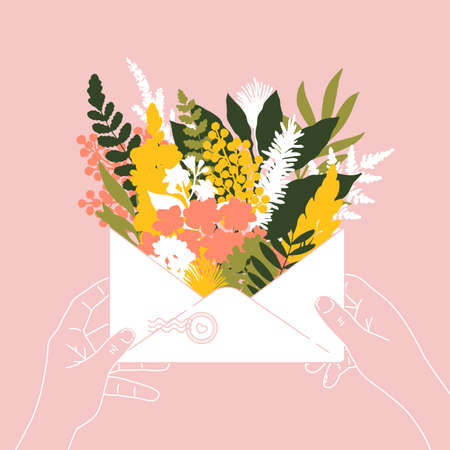 Woman hands holding an envelope full of spring flowers. Spring flowers bouquet.のイラスト素材
