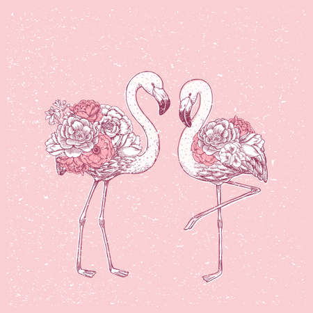 Pink flamingo with rose and peony flowers. Beautiful design print. Vector illustrationのイラスト素材