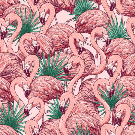 Pink flamingo tropical seamless pattern. Beautiful background. Vector illustrationのイラスト素材