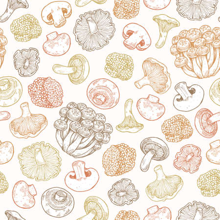 Various mushroom colored seamless pattern. Vintage style. Vector illustrationのイラスト素材