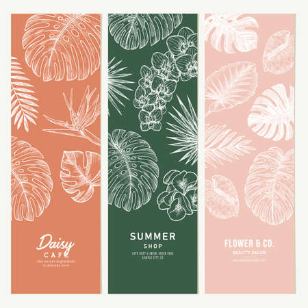 Exotic flowers and leaves vertical banner collection. Botanical vintage illustration. Vector illustrationのイラスト素材