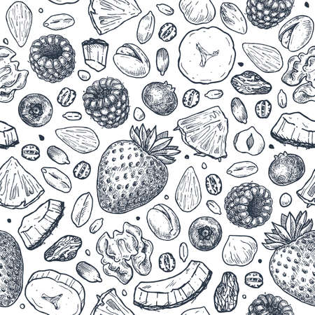 Granola seamless pattern. Engraved style illustration. Various berries, fruits and nuts. Vector illustrationのイラスト素材