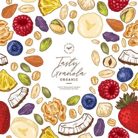 Granola frame template. Engraved style illustration. Various berries, fruits and nuts. Vector illustrationのイラスト素材