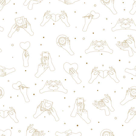 Hands holding love symbols gold seamless pattern. Love message, greeting card, gift, tea cup. Saint Valentines day. Vector illustrationのイラスト素材