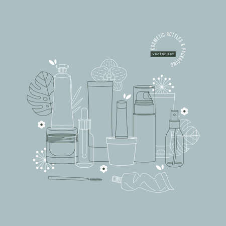 Cosmetic bottles and packaging collection. Branding illustration. Lineart feminine style. Vector illustrationのイラスト素材