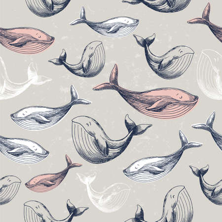 Little whales seamless pattern. Kids illustration. Soft colors. Vintage style. Vector illustrationの素材 [FY310142387037]