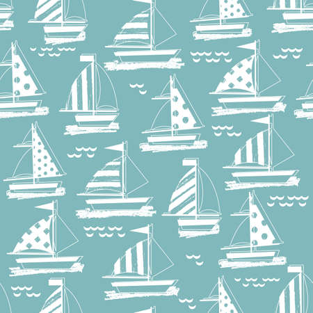 Summer sail boat background. Seamless pattern. Kid nautical illustration.のイラスト素材