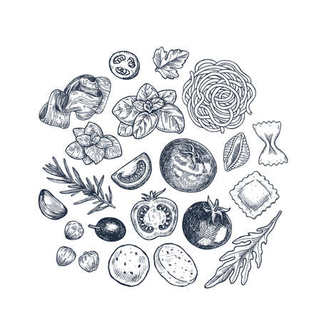 Tasty basil, tomato, olive, garlic, meat and pasta linear elements. Engraved illustration. Italian ingredients.のイラスト素材