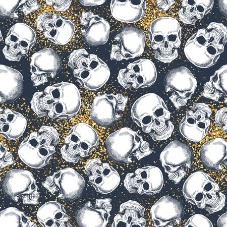 Skull glitter gold seamless pattern. Halloween wallpaper. Human skeleton background.の写真素材