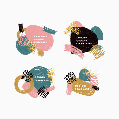 Abstract creative templates collection. Brush strokes, animal prints and glitter elements.のイラスト素材