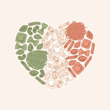 Variety of italian pasta heart shape. Different kind of pasta. Engraved style illustration. Vector illustrationのイラスト素材