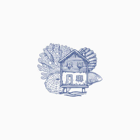 Sea elements composition. Vintage seashell illustration. House, seashell, seaweed, fish, sea. Vector illustrationのイラスト素材