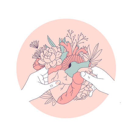 Two hands holding an anatomic heart with floral elements.のイラスト素材