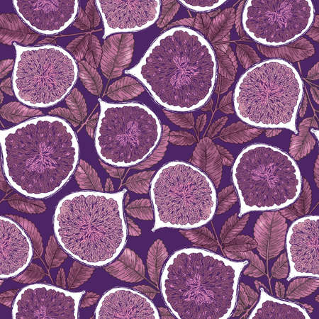 Colorful fruit fresh figs and leaves seamless pattern. Sketch style.のイラスト素材