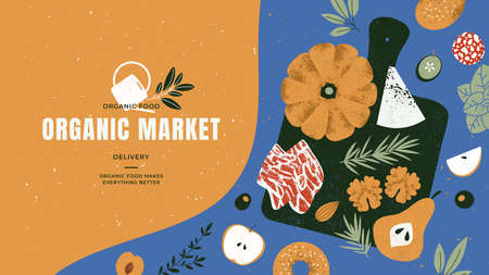 Charcuterie boards design template. Assortment of appetizers. Food banner. Antipasti board. Organic market. Vector illustrationのイラスト素材