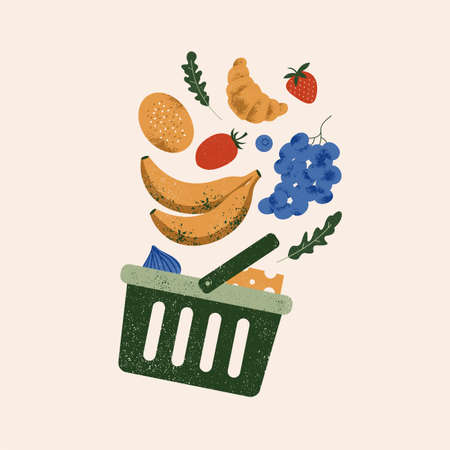 Shopping basket with various groceries. Vintage style textured illustration.のイラスト素材