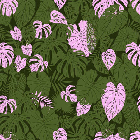 Tropical leaves seamless pattern. Palm exotic elements background. Dark green and pink colors.のイラスト素材
