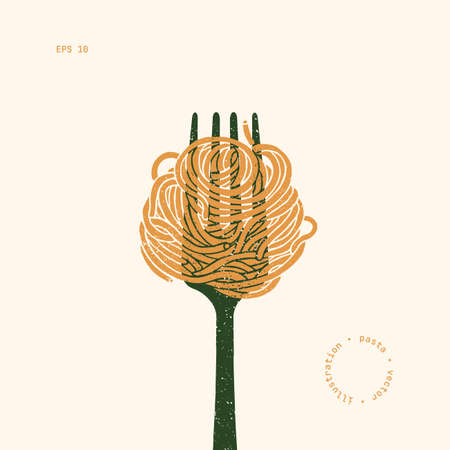 Spaghetti pasta on a fork. Pasta design element. Textured vintage illustration. Vector illustrationのイラスト素材