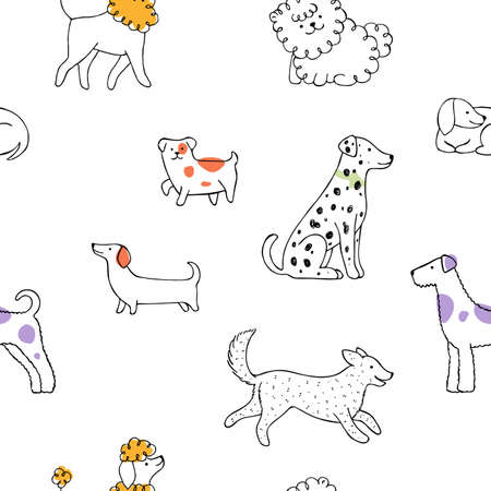 Dogs and elements seamless pattern. Linear graphic background. Scandinavian minimalist style.のイラスト素材