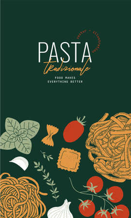 Italian pasta vertical design template. Pasta and ingredients.のイラスト素材