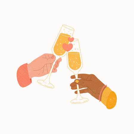 Women hands toasting with champagne glasses. Anniversary celebration textured illustration.のイラスト素材