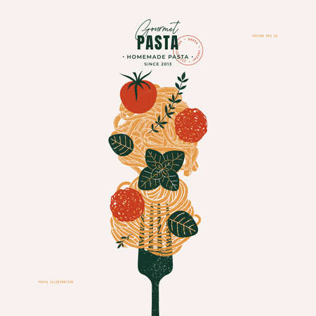 Pasta on a fork. Pasta with meatball and basil. Italian food design template. Textured vintage illustration. Vector illustrationのイラスト素材