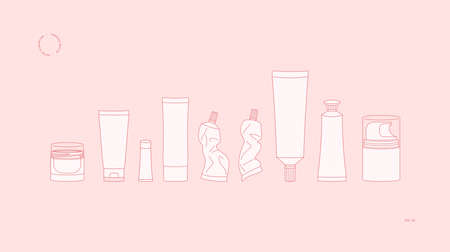 Cosmetic bottles set. Minimalist beauty packaging. Linear illustration. Vector illustrationのイラスト素材