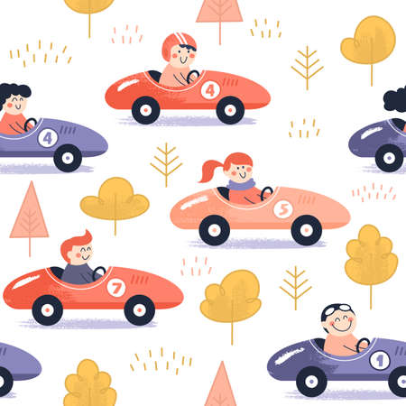 Cute cartoon characters on the racing cars. Children seamless pattern. Fun background. Vector illustrationのイラスト素材