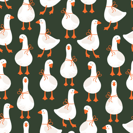 Geese seamless pattern. Funny birds background. Fluffy style graphic.のイラスト素材