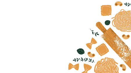 Pasta ingredients. Rolling pin with the different kinds of pasta. Textured illustration. Italian food horizontal background.のイラスト素材