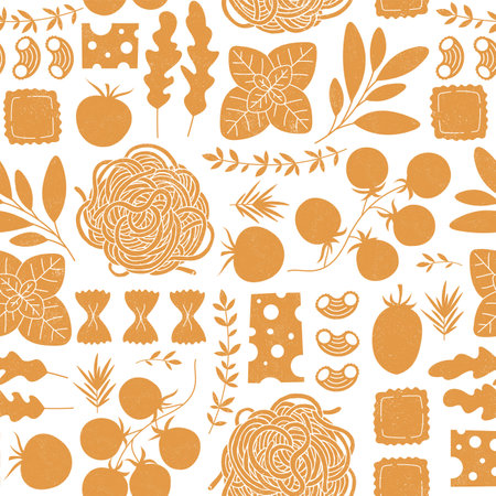 Italian pasta ingredients. Spaghetti and ravioli yellow silhouette background. Food seamless pattern.のイラスト素材