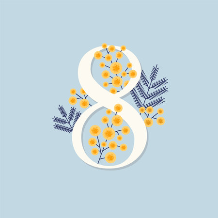 Mimosa flower. Womens day minimalist design template. International woman celebration. Vector illustrationのイラスト素材