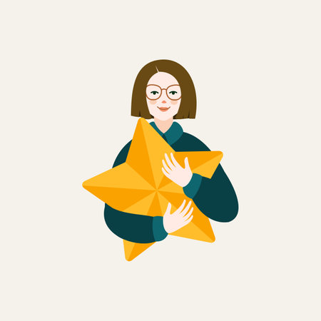 Woman holding a gold star. Customer giving excellent feedback.のイラスト素材