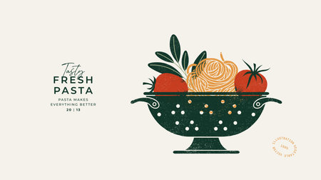 Colander with fresh pasta and tomatoes.のイラスト素材