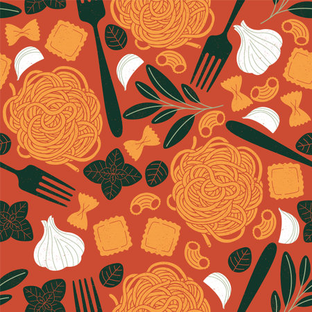 Italian pasta ingredients with basil and garlic. Spaghetti and ravioli background. Food seamless pattern. Vector illustrationのイラスト素材