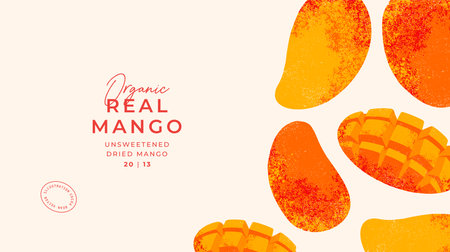 Mango fruit illustration horizontal design template. Vintage textured style. Ripe mango plant.のイラスト素材