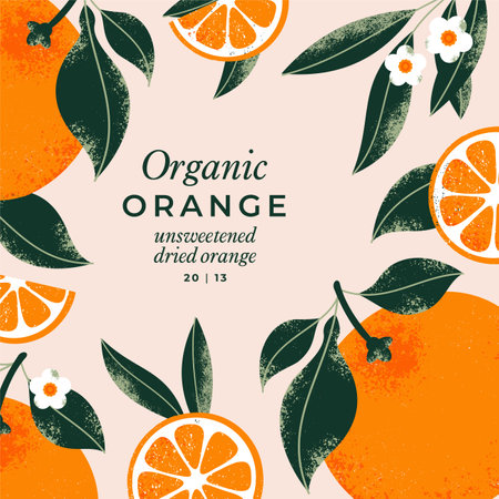 Botanical frame template with fresh orange fruits, lush leaves, and delicate flowers, perfect for packaging tea and capturing the natural wholesomeness of farm-to-table living.のイラスト素材