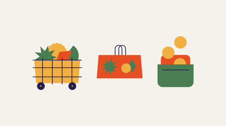 Shopping cart with paper bag and wallet with money. Abstract store icons.のイラスト素材