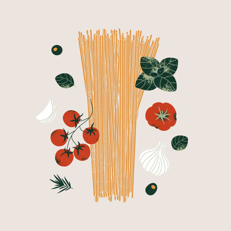 Pasta and tomatoes with garlic and basil. Textured illustration. Italian food. Vector illustrationのイラスト素材