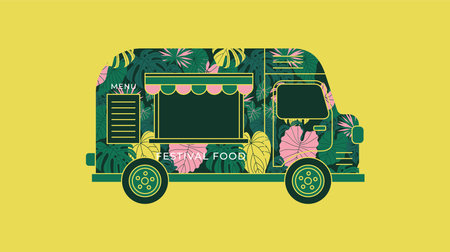 Jungle food truck a playful and colorful illustration of a vintage van adorned with lush tropical leaves.のイラスト素材