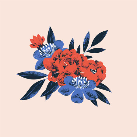 Illustration of vibrant flowers and leaves. Retro textured styleのイラスト素材